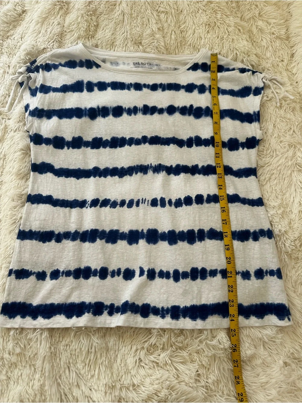 Talbots Blue White Tie Dye Stripe Linen Cotton Top Size Medium Ruched Sleeve - Picture 3 of 6